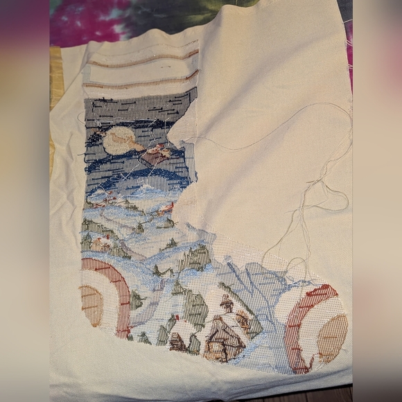 Vintage Christmas Stocking Santa  Sled Unfinished Needlepoint Hand Embroidered - Picture 6 of 9